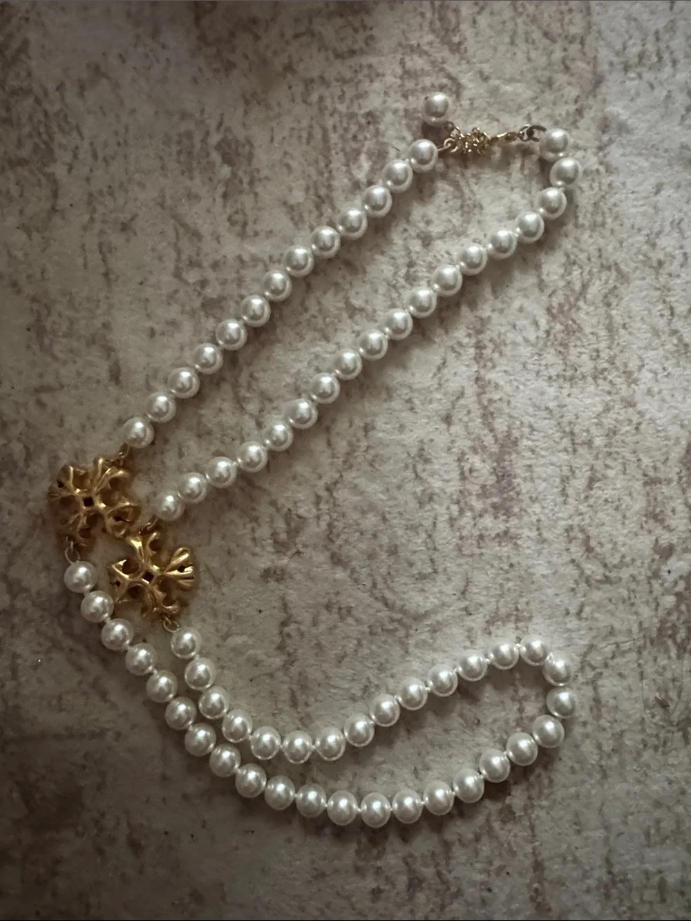 Tory Burch Long Classic Pearl Necklace with solid Kira t brass detail NEW $249
